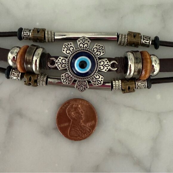 Evil Eye Cuff Bracelet – 8” Brown Leather Boho Style - Picture 8 of 9